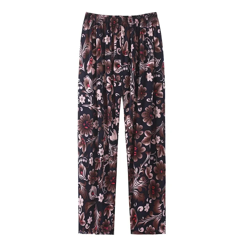 Summer Loose Ice Silk Women's Pants Elastic Waist Casual Bottoming Trousers Large Size Floral Print Comfortable Mom Pants