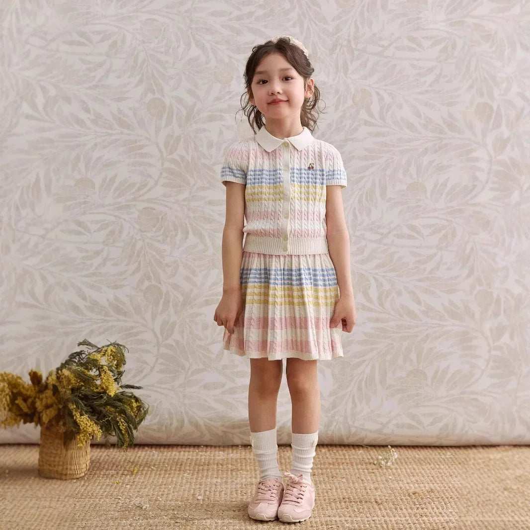 Girls Summer Dress Children's Stripe Short Sleeve Princess Skirt Set Casual Thin Material New 2025 Fashionable Kids Outfit