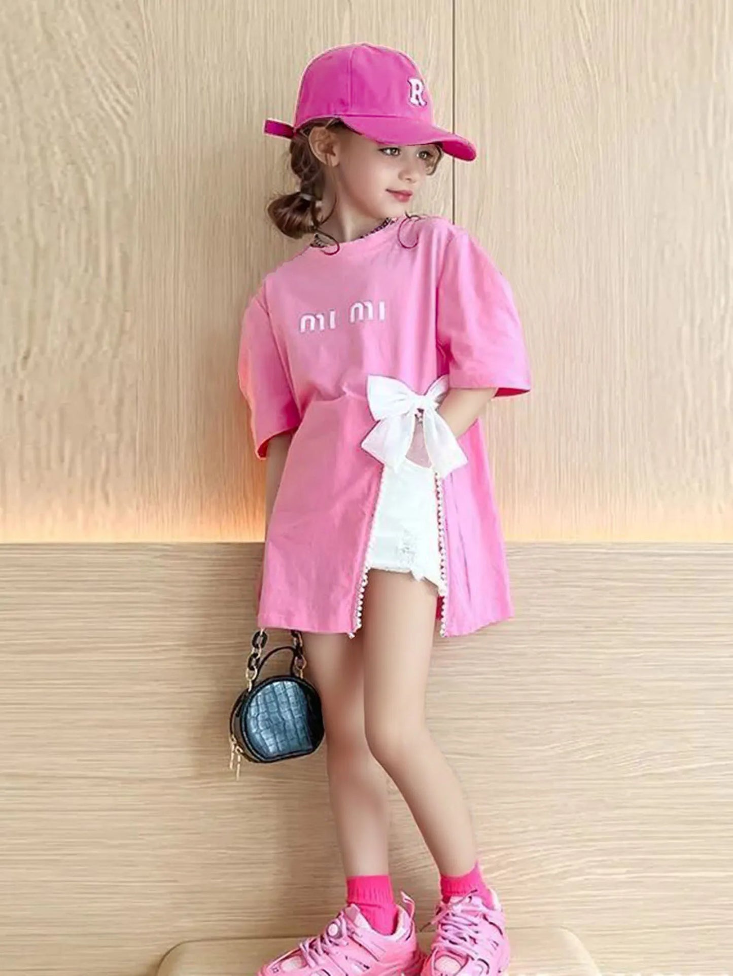 Chic Summer Street Style Mid-Length Girls' T-Shirt, Bow-embellished slit design Children tops for Tween Girl 3-12 Years