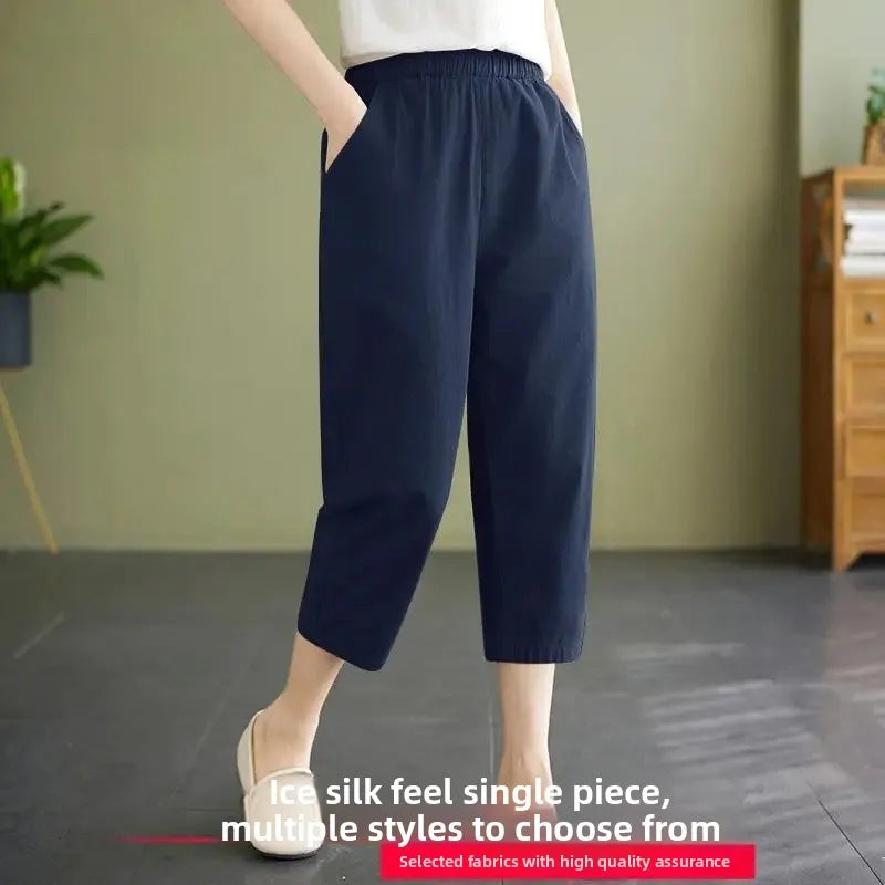 High Waist Ice Silk Sports Seven-Five Pants Casual Wide Leg Women's plus Size Loose Fit Summer Trousers Korean Style