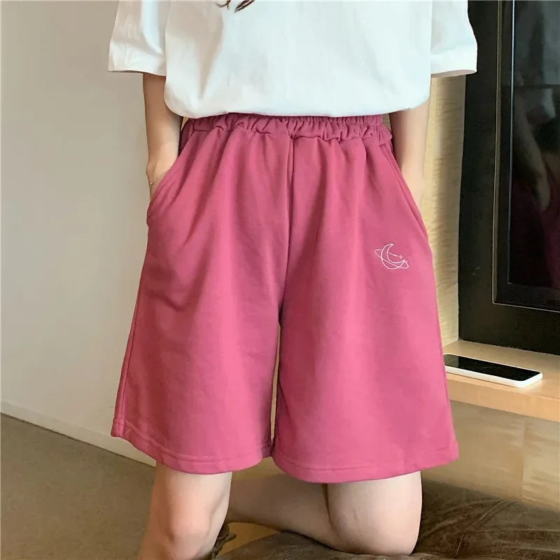 Women's Loose Waist Embroidered Shorts Summer High Waist Wide Leg Casual Five-Quarter Pants Fashionable Korean Style