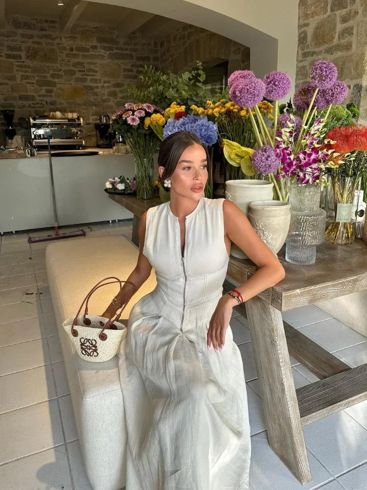 Women Elegant O Neck Bodycon Vestidos 2024 Summer New Office Ladies Party Robes Fashion Sleeveless High Waist Zipper Maxi Dress