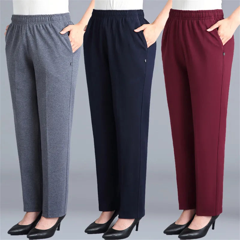 Black Cotton Middle-aged Mother Trousers New Loose Elastic Waist Casual Pants Spring Autumn Loose Solid Women's Straight Pants