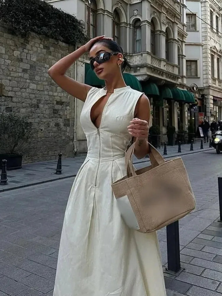 Women Elegant O Neck Bodycon Vestidos 2024 Summer New Office Ladies Party Robes Fashion Sleeveless High Waist Zipper Maxi Dress