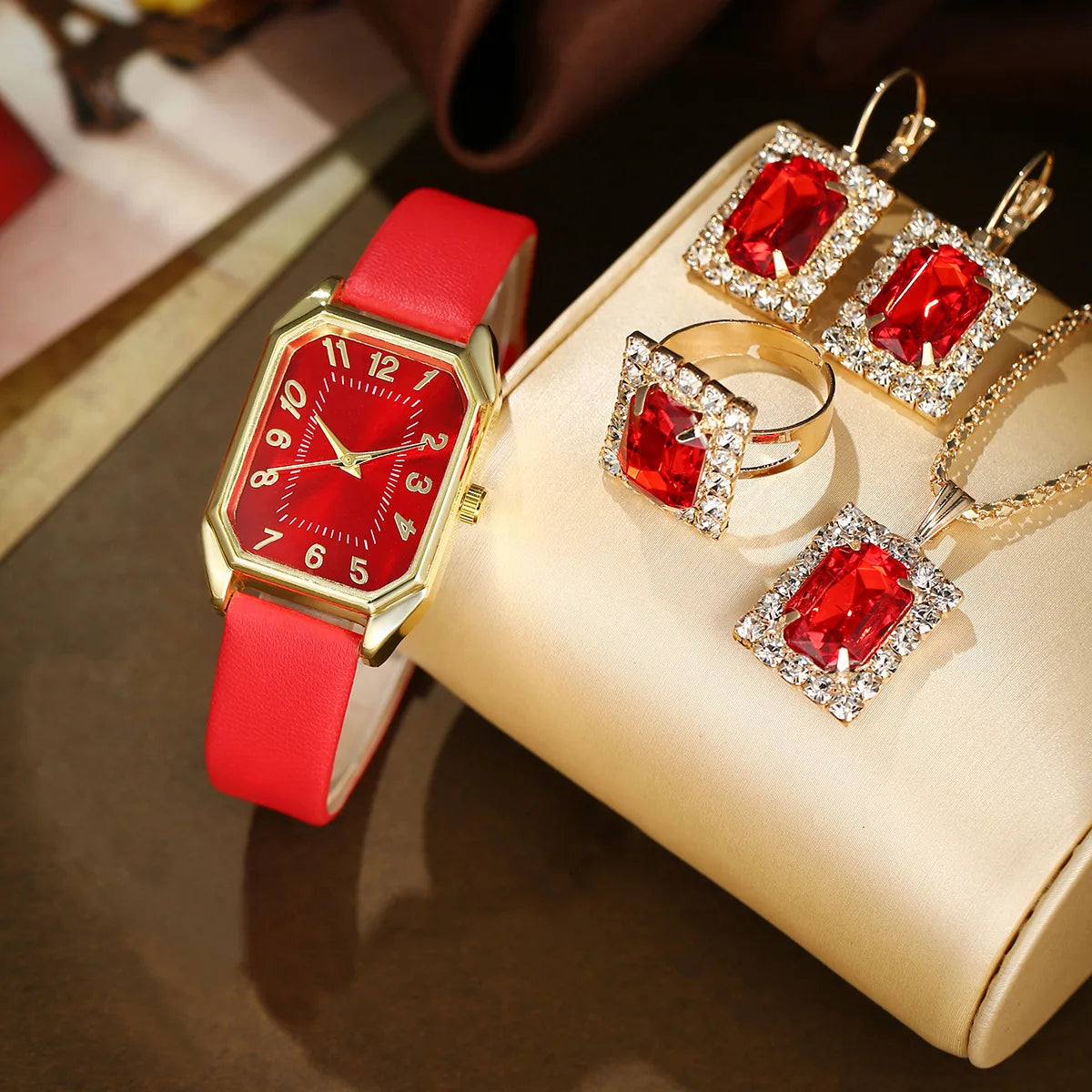 5/4/1PC Square Women Watches Set Leather Strap Ladies Quartz Wristwatch Ring Necklace Earrings Bracelet Jewelry Set Gift (No Box