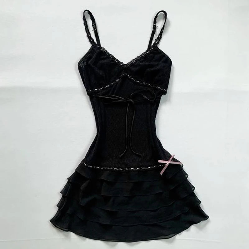 Harajuku Retro Y2K E-Girl Casual Dress Sexy Slim Chic Graphic Print Lace-Up Halter Neck Dresses Goth Grunge Fairycore Streetwear