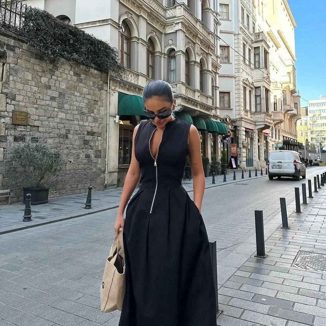 Women Elegant O Neck Bodycon Vestidos 2024 Summer New Office Ladies Party Robes Fashion Sleeveless High Waist Zipper Maxi Dress