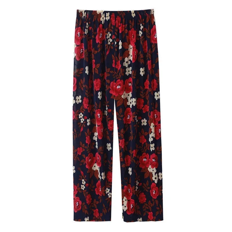 Summer Loose Ice Silk Women's Pants Elastic Waist Casual Bottoming Trousers Large Size Floral Print Comfortable Mom Pants