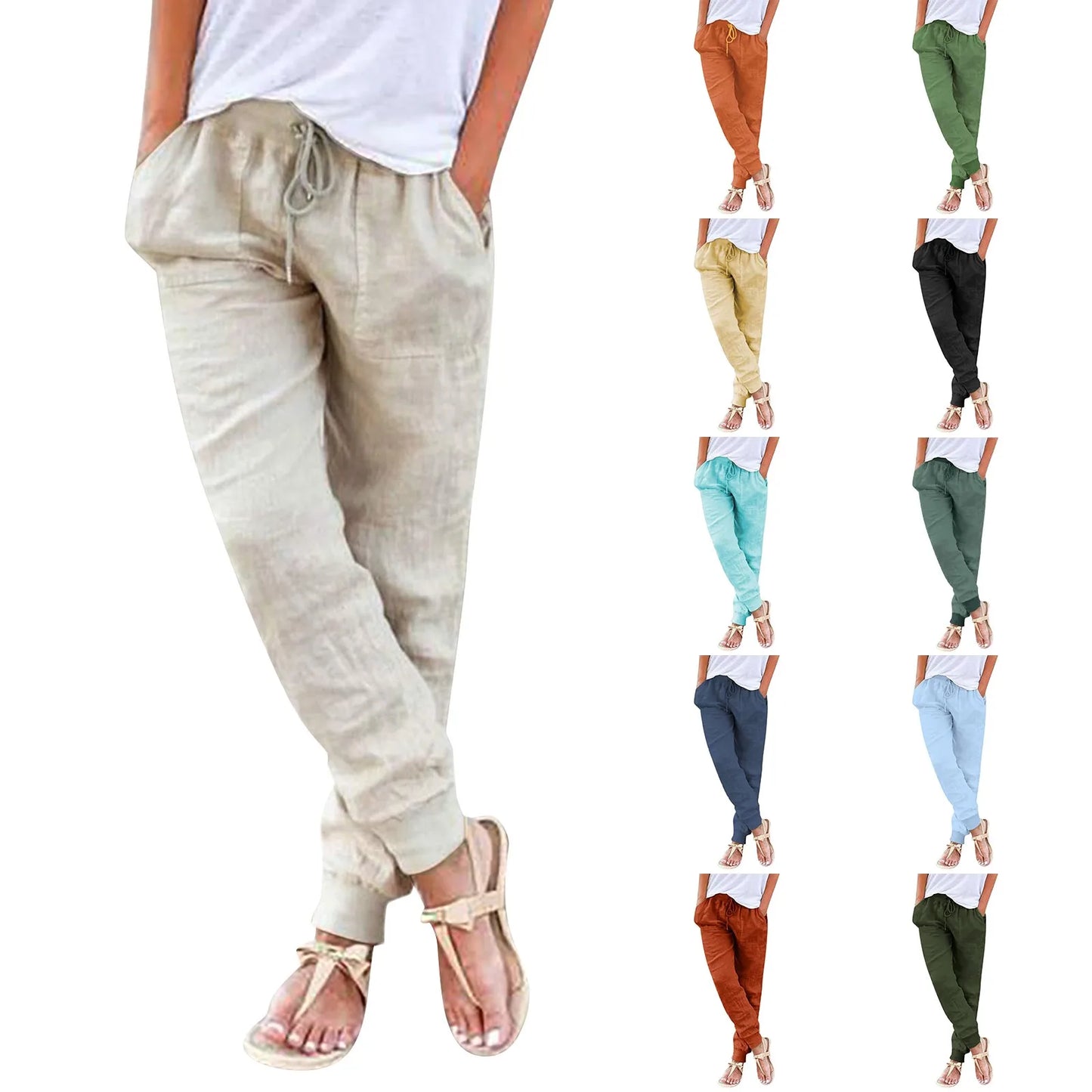 Casual Cotton Linen Pants For Women Drawstring Back Elastic Waist Casual Pants With Pockets Plus Size Solid Color Harem Trousers