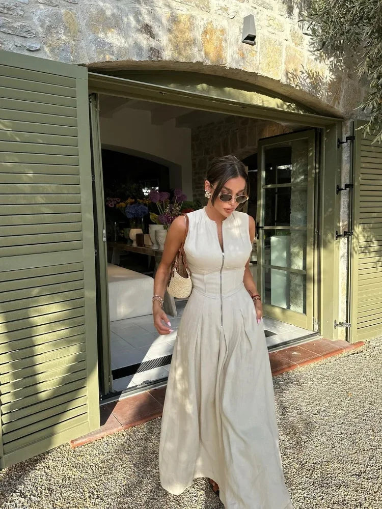 Women Elegant O Neck Bodycon Vestidos 2024 Summer New Office Ladies Party Robes Fashion Sleeveless High Waist Zipper Maxi Dress