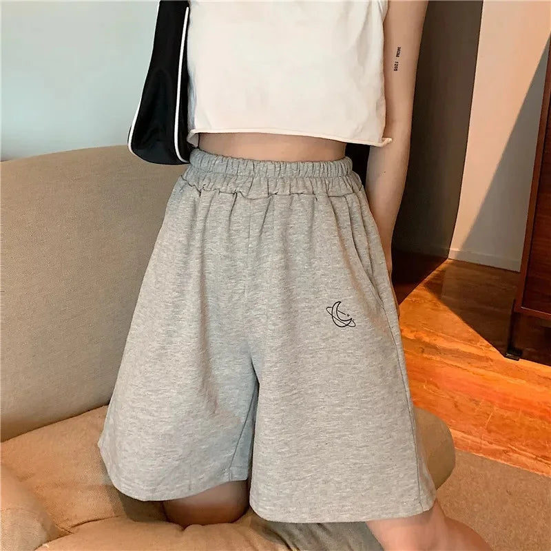 Women's Loose Waist Embroidered Shorts Summer High Waist Wide Leg Casual Five-Quarter Pants Fashionable Korean Style