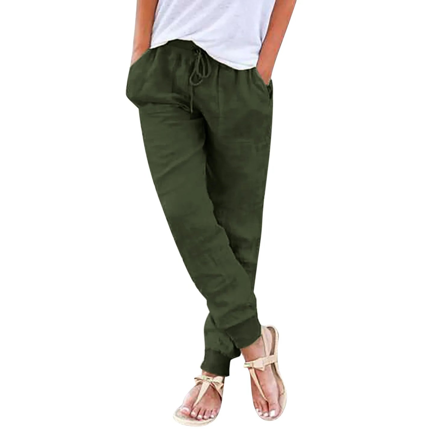 Casual Cotton Linen Pants For Women Drawstring Back Elastic Waist Casual Pants With Pockets Plus Size Solid Color Harem Trousers