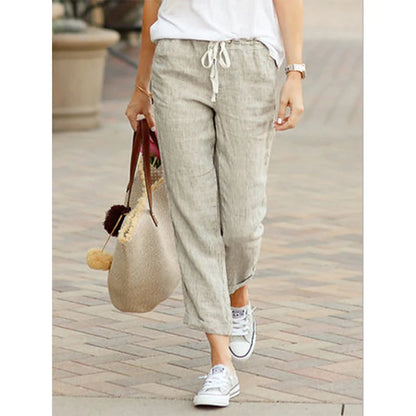 Casual Cotton Linen Pants Women Spring Summer Solid Color High Waist Elastic Ankle-Length Pants Female Pockets Harem Trousers