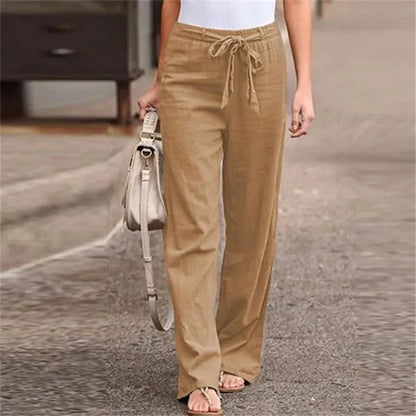 2024 Women Cotton Linen Pants Summer Fashion Elastic Waist Loose Straight Pants Female Casual Solid Color Ankle-length Trousers