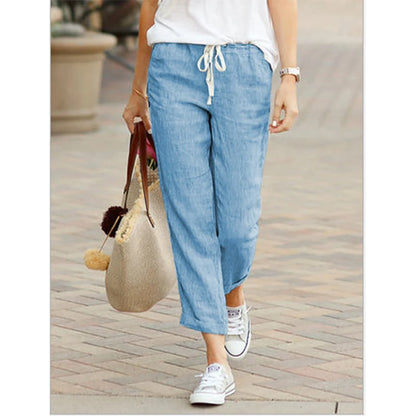 Casual Cotton Linen Pants Women Spring Summer Solid Color High Waist Elastic Ankle-Length Pants Female Pockets Harem Trousers