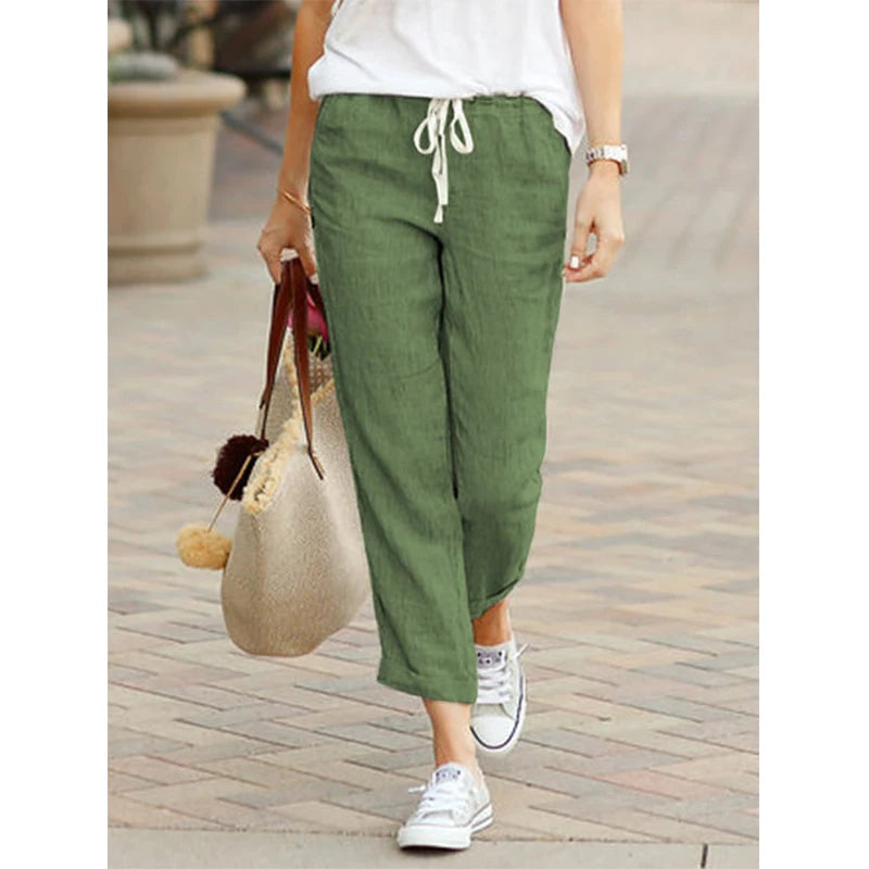 Casual Cotton Linen Pants Women Spring Summer Solid Color High Waist Elastic Ankle-Length Pants Female Pockets Harem Trousers