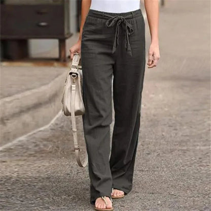2024 Women Cotton Linen Pants Summer Fashion Elastic Waist Loose Straight Pants Female Casual Solid Color Ankle-length Trousers