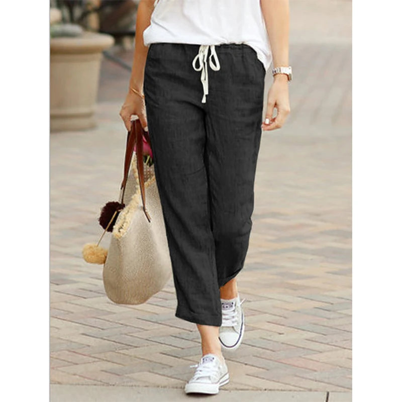 Casual Cotton Linen Pants Women Spring Summer Solid Color High Waist Elastic Ankle-Length Pants Female Pockets Harem Trousers