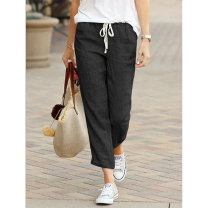 Casual Cotton Linen Pants Women Spring Summer Solid Color High Waist Elastic Ankle-Length Pants Female Pockets Harem Trousers