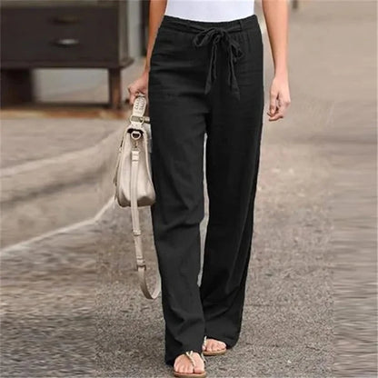 2024 Women Cotton Linen Pants Summer Fashion Elastic Waist Loose Straight Pants Female Casual Solid Color Ankle-length Trousers