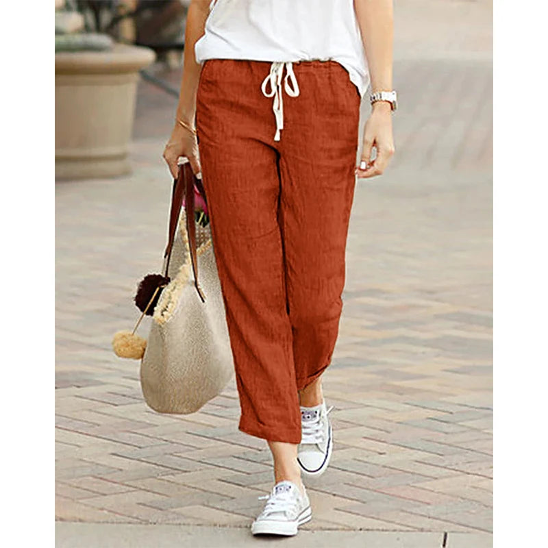 Casual Cotton Linen Pants Women Spring Summer Solid Color High Waist Elastic Ankle-Length Pants Female Pockets Harem Trousers