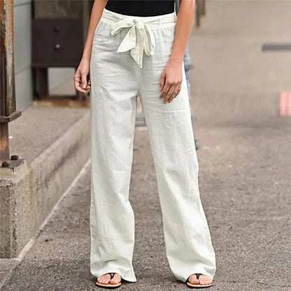 2024 Women Cotton Linen Pants Summer Fashion Elastic Waist Loose Straight Pants Female Casual Solid Color Ankle-length Trousers