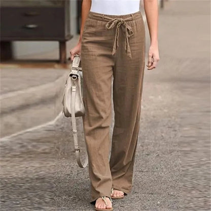 2024 Women Cotton Linen Pants Summer Fashion Elastic Waist Loose Straight Pants Female Casual Solid Color Ankle-length Trousers