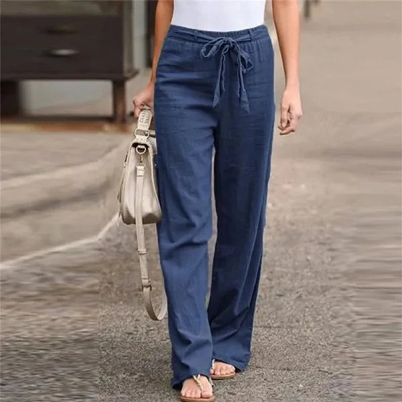2024 Women Cotton Linen Pants Summer Fashion Elastic Waist Loose Straight Pants Female Casual Solid Color Ankle-length Trousers