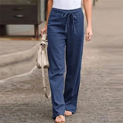 2024 Women Cotton Linen Pants Summer Fashion Elastic Waist Loose Straight Pants Female Casual Solid Color Ankle-length Trousers