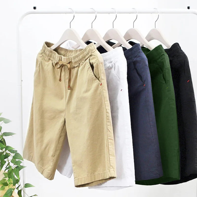 Women's Big Size Bermuda Shorts, High Waist, Cotton, Lace-Up, Knee Length, Casual Streetwear, Summer