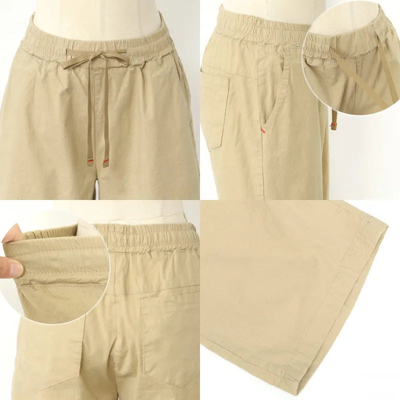 Women's Big Size Bermuda Shorts, High Waist, Cotton, Lace-Up, Knee Length, Casual Streetwear, Summer