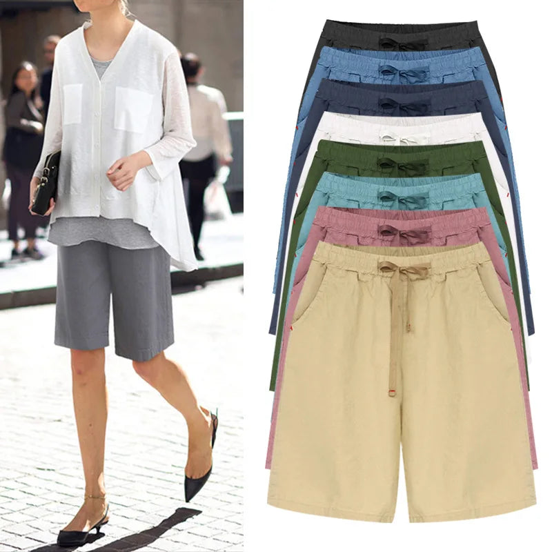 Women's Big Size Bermuda Shorts, High Waist, Cotton, Lace-Up, Knee Length, Casual Streetwear, Summer