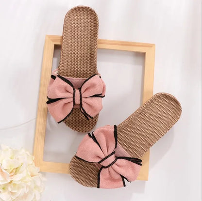 Mntrerm 2024 New Casual Sneakers For Home Slippers Summer Bow-knot Soft Floor Woman Indoor Flats Shoes Cute Linen Slipper Terlik
