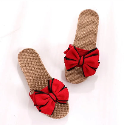 Mntrerm 2024 New Casual Sneakers For Home Slippers Summer Bow-knot Soft Floor Woman Indoor Flats Shoes Cute Linen Slipper Terlik