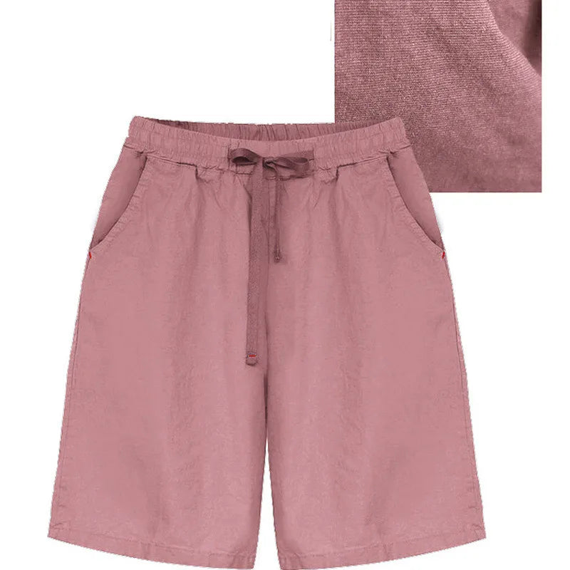 Women's Big Size Bermuda Shorts, High Waist, Cotton, Lace-Up, Knee Length, Casual Streetwear, Summer