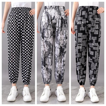 Summer Loose Ice Silk Women's Pants Elastic Waist Casual Bottoming Trousers Large Size Floral Print Comfortable Mom Pants