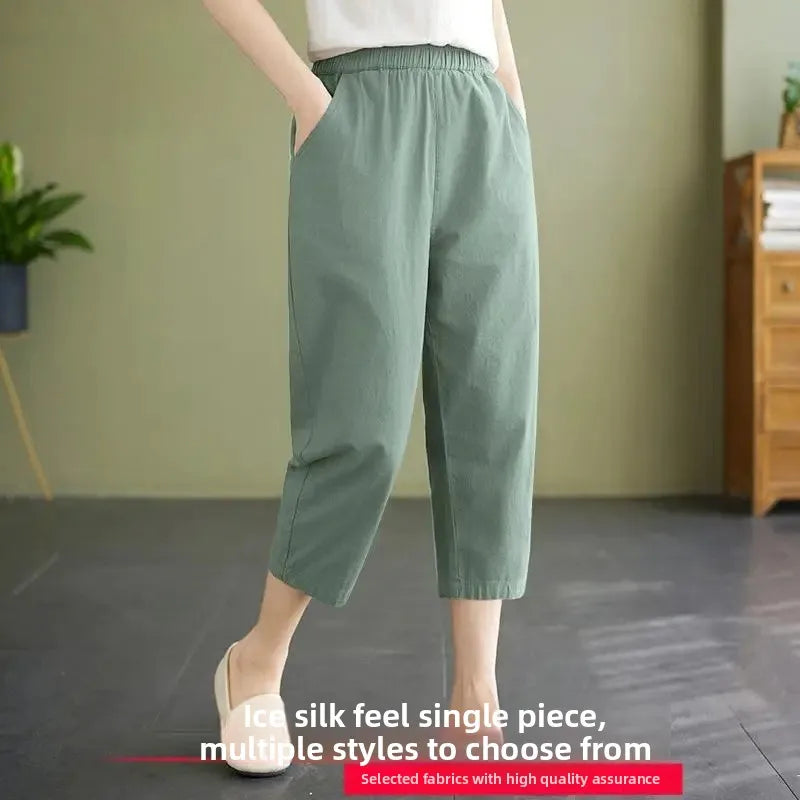 High Waist Ice Silk Sports Seven-Five Pants Casual Wide Leg Women's plus Size Loose Fit Summer Trousers Korean Style