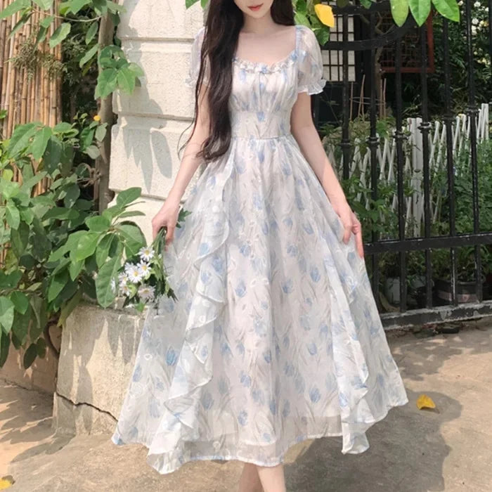 Romantic Floral Chiffon Dress Women's Summer Large Size Waist-Cinching Slimming Fairy Long Dress French Style Square Collar