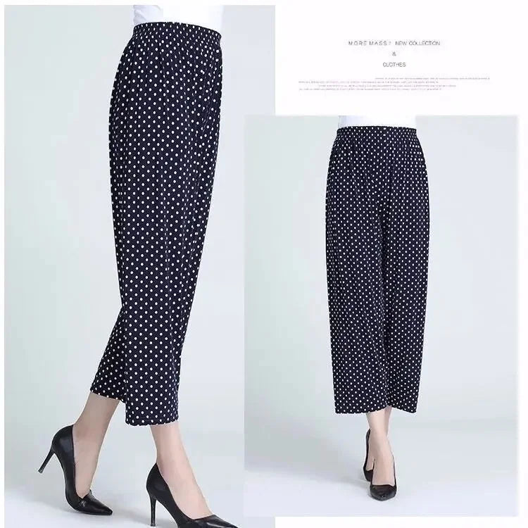Summer Loose Ice Silk Women's Pants Elastic Waist Casual Bottoming Trousers Large Size Floral Print Comfortable Mom Pants
