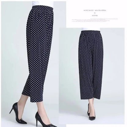Summer Loose Ice Silk Women's Pants Elastic Waist Casual Bottoming Trousers Large Size Floral Print Comfortable Mom Pants