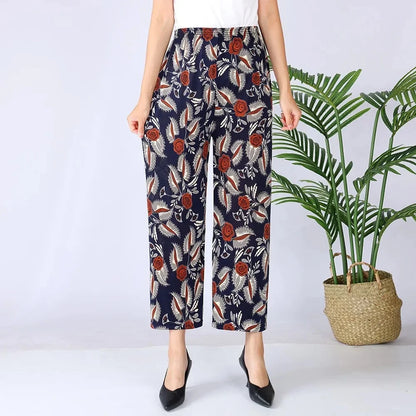 Summer Loose Ice Silk Women's Pants Elastic Waist Casual Bottoming Trousers Large Size Floral Print Comfortable Mom Pants