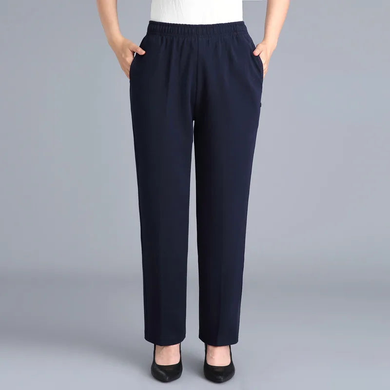 Black Cotton Middle-aged Mother Trousers New Loose Elastic Waist Casual Pants Spring Autumn Loose Solid Women's Straight Pants