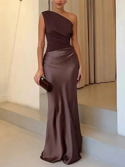 Mozision Satin Inclined Shoulder Sexy Maxi Dress Women Fashion Patchwork Sleeveless Backless Bodycon Evening Club Party Dress