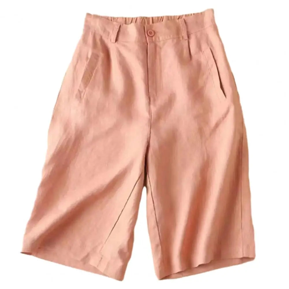 Cotton Linen Women Suit Shorts Elastic Waistband Women Shorts High Waist Straight Wide Leg A Line Work Shorts Casual Short Pants