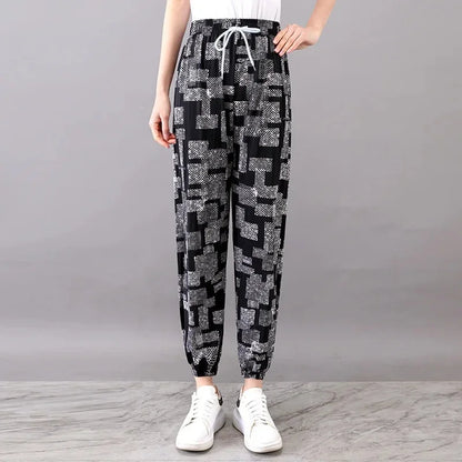 Summer Loose Ice Silk Women's Pants Elastic Waist Casual Bottoming Trousers Large Size Floral Print Comfortable Mom Pants