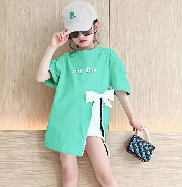 Chic Summer Street Style Mid-Length Girls' T-Shirt, Bow-embellished slit design Children tops for Tween Girl 3-12 Years