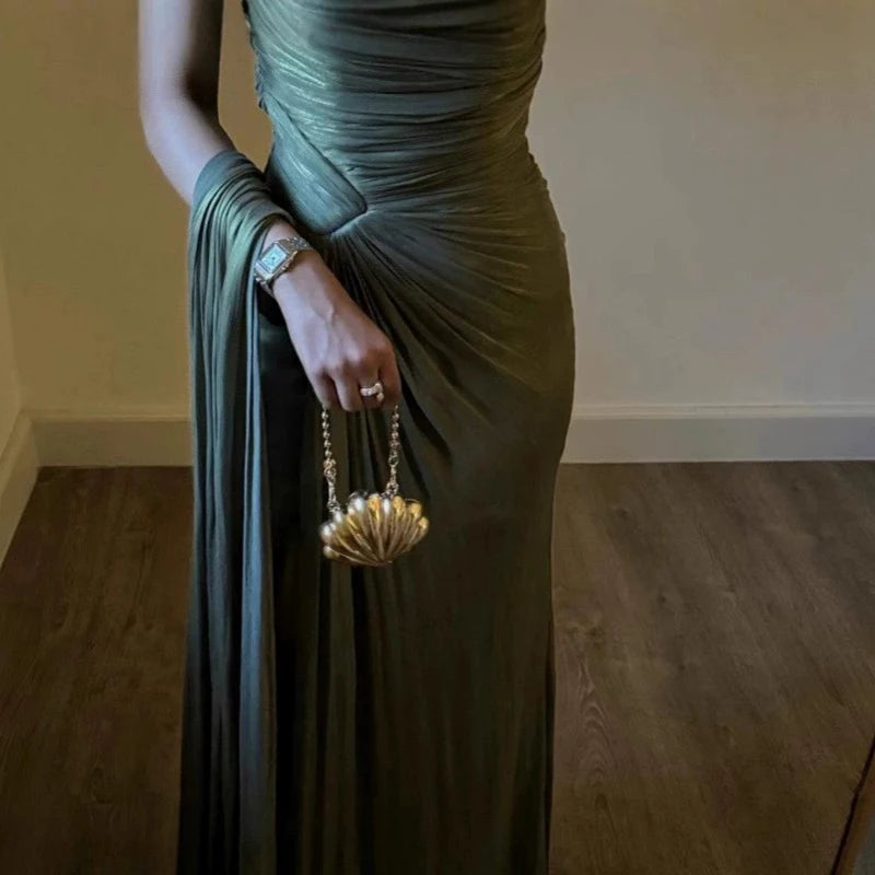 Elegant Dress for Women Off Shoulder Sleeveless Chic Casual Dresses Spring Summer 2025 New Female Fashion High Waist Solid Dress