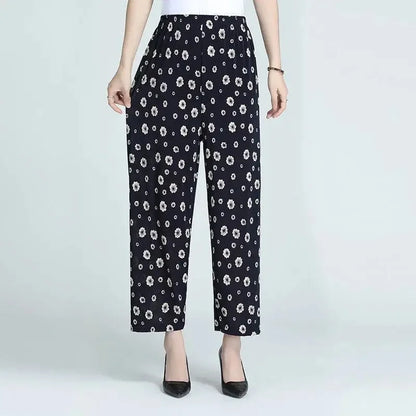 Summer Loose Ice Silk Women's Pants Elastic Waist Casual Bottoming Trousers Large Size Floral Print Comfortable Mom Pants