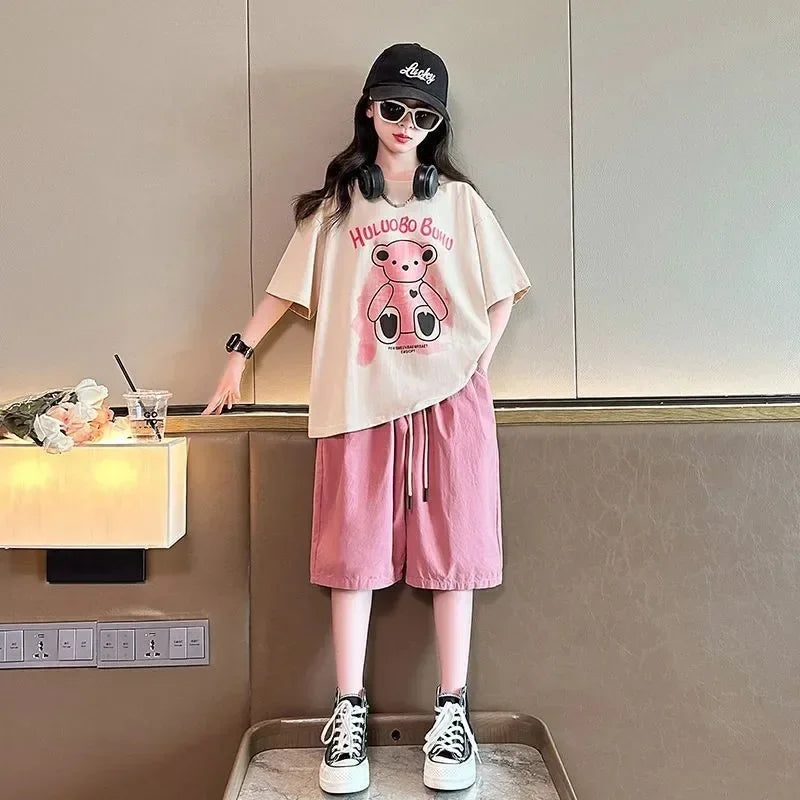 Summer Teenage Girl Clothes Kid Cartoon Bear T-Shirts Shorts Suit Children Girls Letter Short Sleeve Top and Bottom 2 Pieces Set