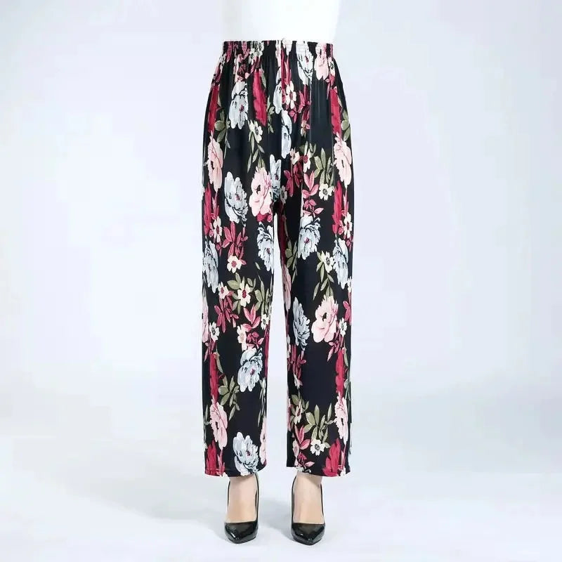 Summer Loose Ice Silk Women's Pants Elastic Waist Casual Bottoming Trousers Large Size Floral Print Comfortable Mom Pants